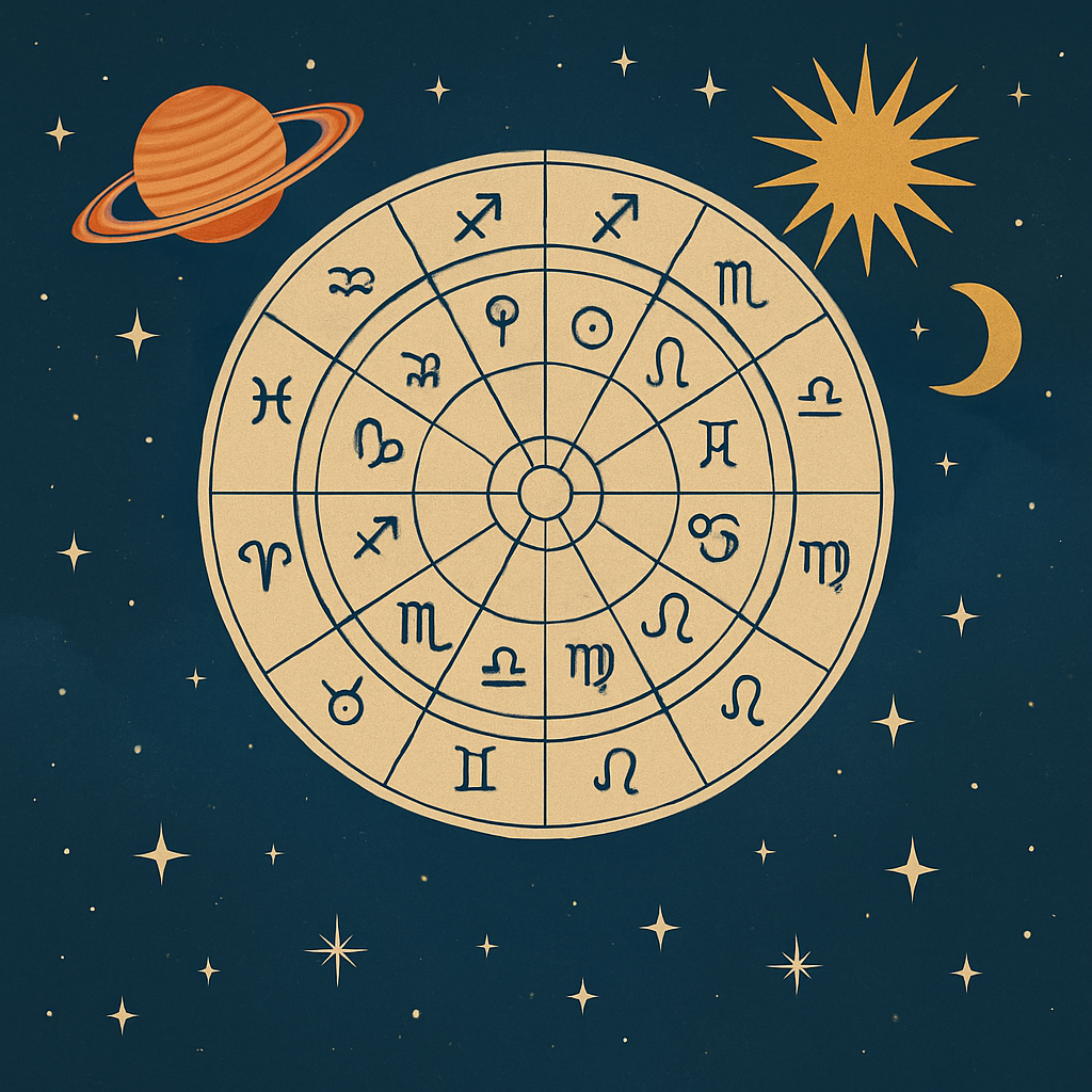 Uma ilustração digital com um mapa astrológico central em estilo vintage. O fundo é um céu noturno azul-escuro, pontilhado por estrelas de vários tamanhos. O círculo zodiacal contém os doze signos e símbolos planetários, em tons bege e dourado. À esquerda, o planeta Saturno com seus anéis; à direita, o Sol estilizado e uma Lua crescente. Abaixo, o título “ASTROLOGY” e o subtítulo “Discover the benefits of astrology” aparecem em letras grandes e elegantes, em estilo editorial.